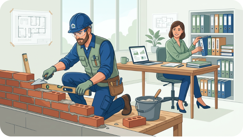 Assistante administrative derrière son bureau et artisan qui construit un mur - Cabasa Solutions Administratives - Royan (17)