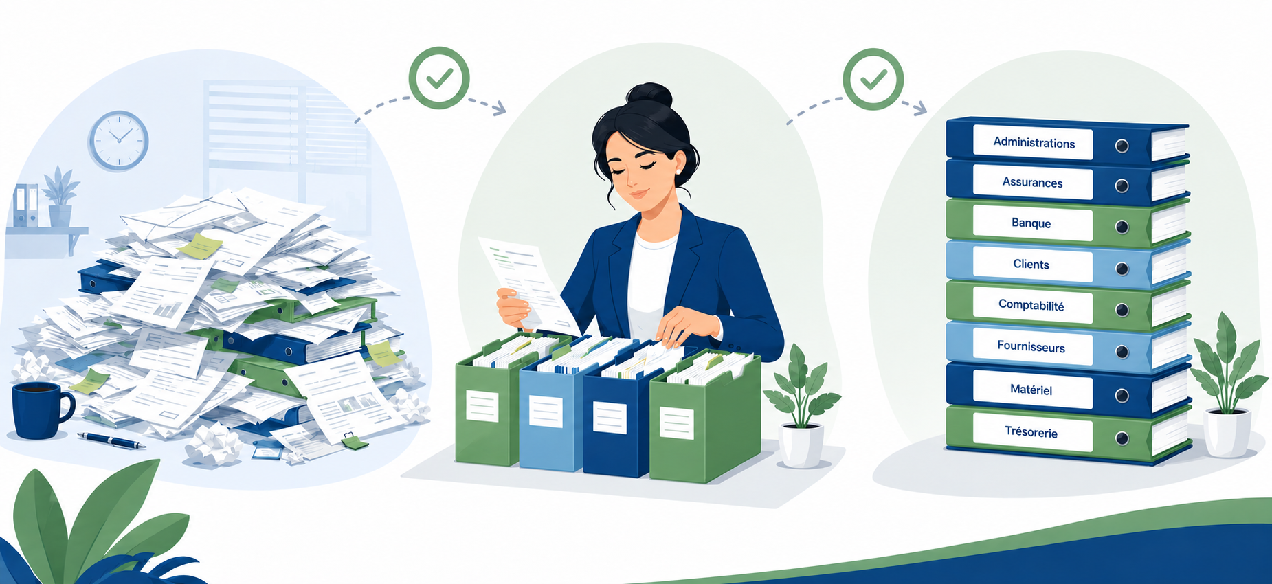 Assistante administrative classant un tas de documents en désordre pour obtenir une pile de dossiers bien rangés - Cabasa Solutions Administratives - Royan (17)